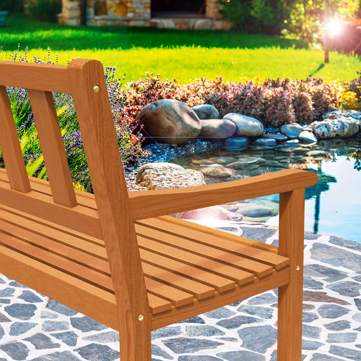 Panca da giardino DEUBA in legno di acacia marrone con braccioli L/P/H: 120 x 90 x 50-58 cm – 4