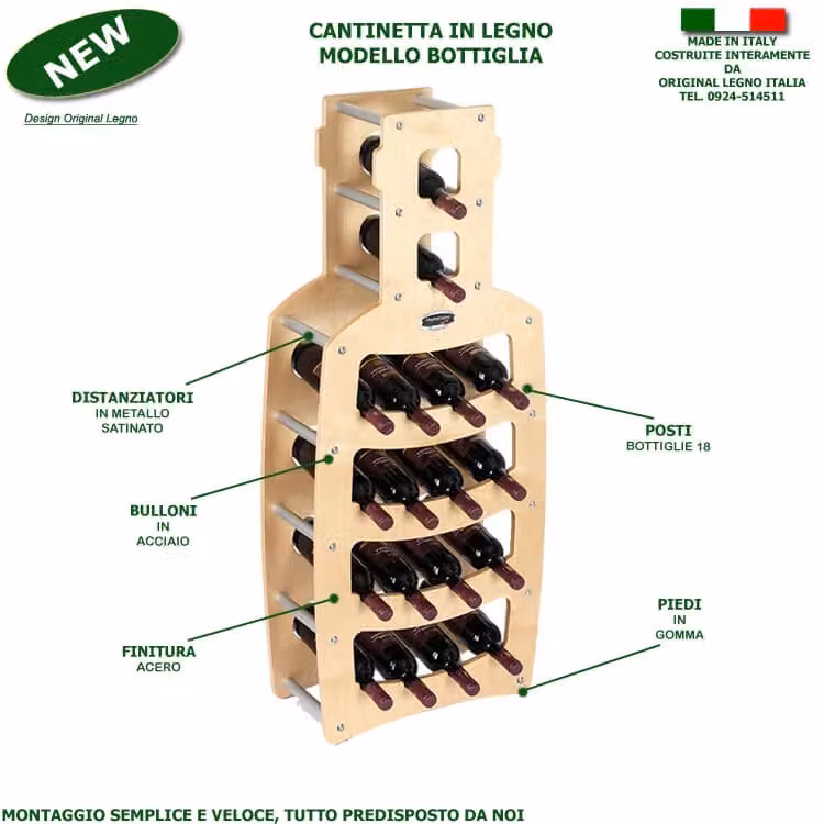 Cantinetta porta bottiglie in legno Original Legno Italia modello Bottiglia per 18 bottiglie, finitura acero beige, L: 50 cm, P: 25 cm, H: 120 cm – 2