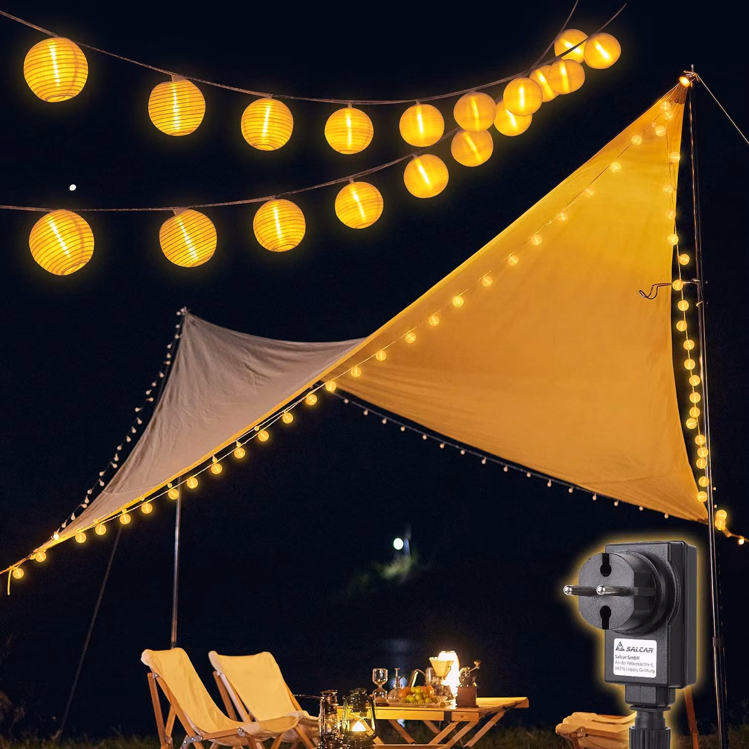 Catena di lanterne a LED, 5 metri, 20 lanterne bianco caldo, grado di protezione IP44, 8 modalità