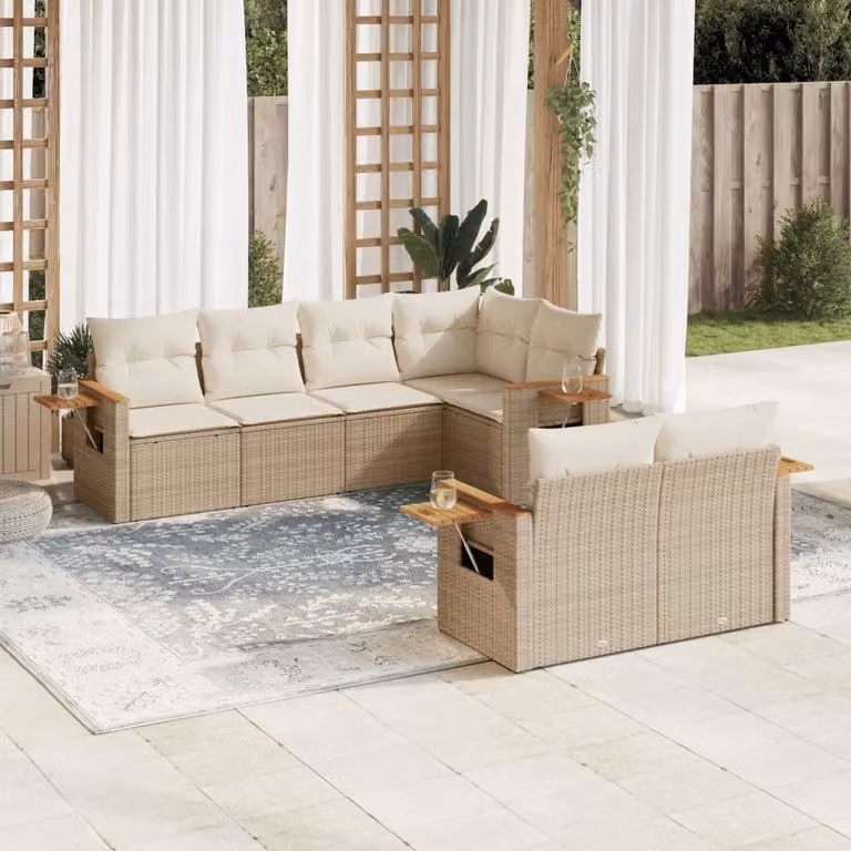vidaXL Set Divani da Giardino 7 pz in Polyrattan con Cuscini Beige e Tavolino da Esterno