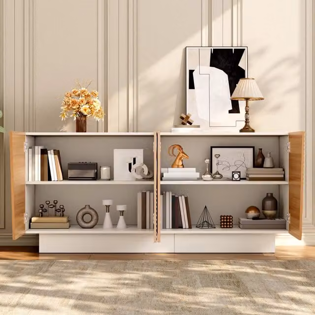 Sideboard moderno WISHDOR a 4 ante con struttura geometrica e finitura opaca, colore bianco, L: 160 cm, H: 72 cm, P: 40,5 cm