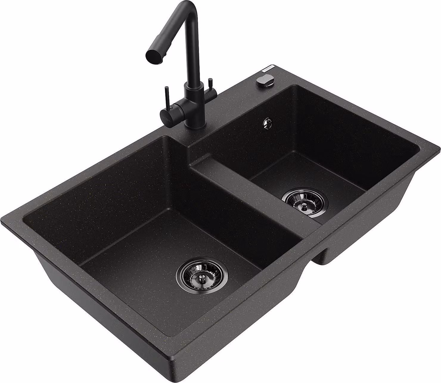 Mexen Tomas lavello in granito a 2 vasche con rubinetto da cucina Duero, nero/oro metallizzato - 6516-75-671600-70-B