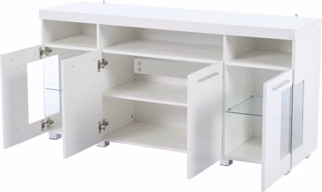 Credenza moderna per soggiorno con 3 ante in vetro, 3 cassetti e illuminazione LED integrata, finitura bianca lucida, L: 140 cm, P: 40 cm, H: 70 cm – 1