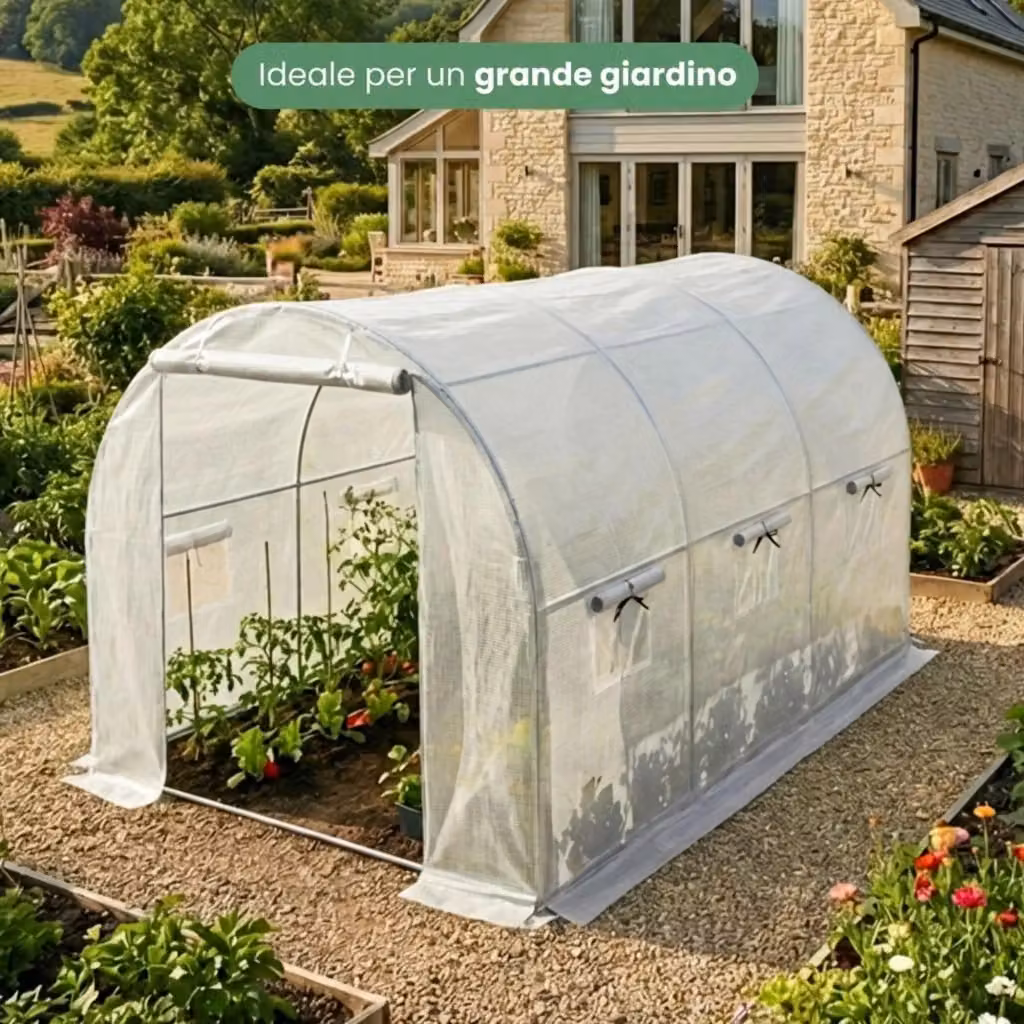 Serra da giardino a tunnel AKORD Furniture Factory in metallo galvanizzato e telo in plastica, 1 porta e 6 finestre, Bianco, L: 300 cm, P: 200 cm, H: 200 cm – 2