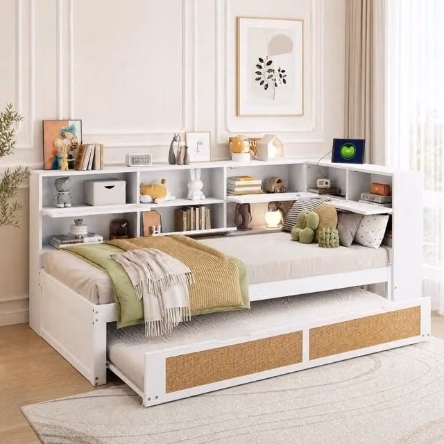 Letto da giorno ULEVR 90x200 cm con letto estraibile 90x190 cm, vani contenitore e prese USB, bianco