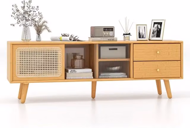 Mobile in Bamb¨´ per TV fino a 65 Pollici con porte in vetro e rattan, Tavolino per TV con 2 cassetti Naturale