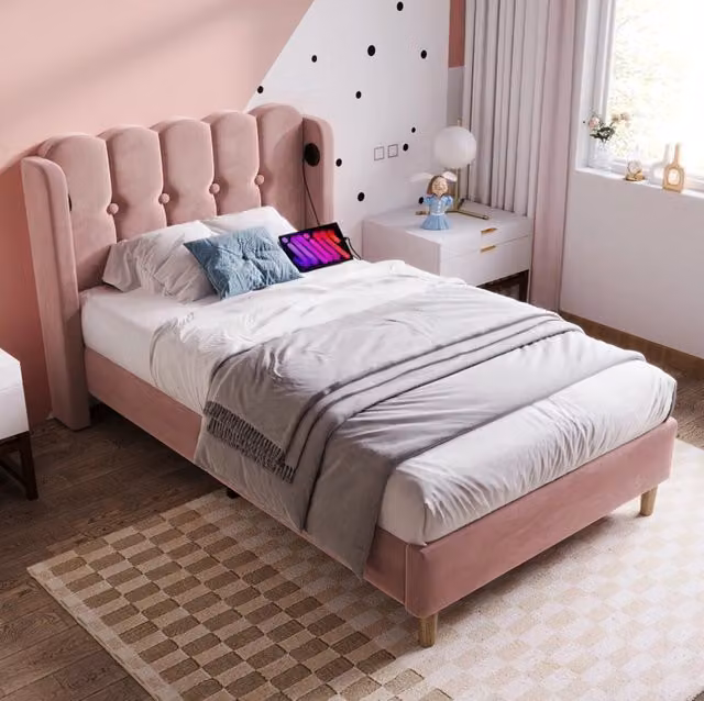 Letto singolo imbottito 90x200 cm in velluto rosa con porta USB e Type-C