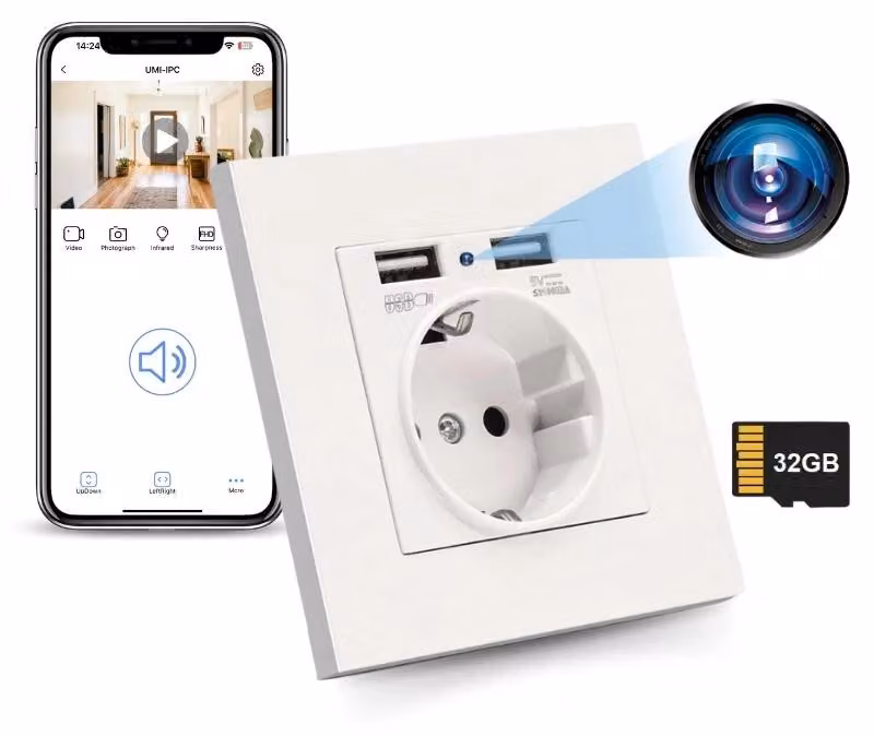 Mini Telecamera Presa iUni PR1, Wi-Fi, 32GB, Full HD, 2 porte USB-A