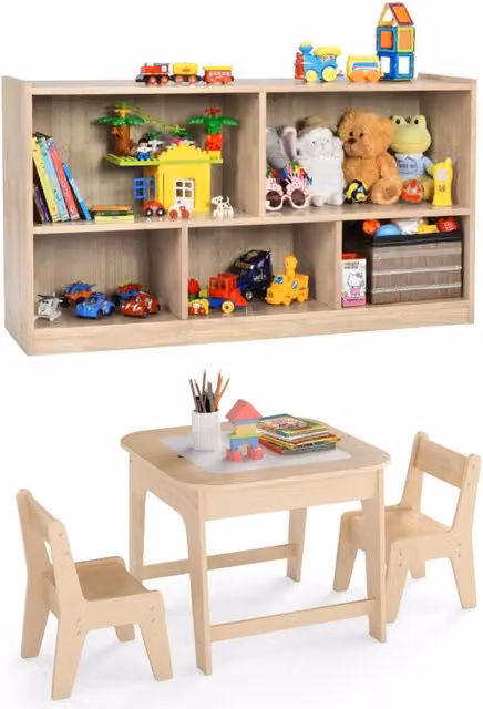 Set tavolo e sedie per bambini e libreria a 5 cubi per bambini, Tavolo e 2 sedie ergonomiche e scaffale legno con 5 scompartimenti Naturale