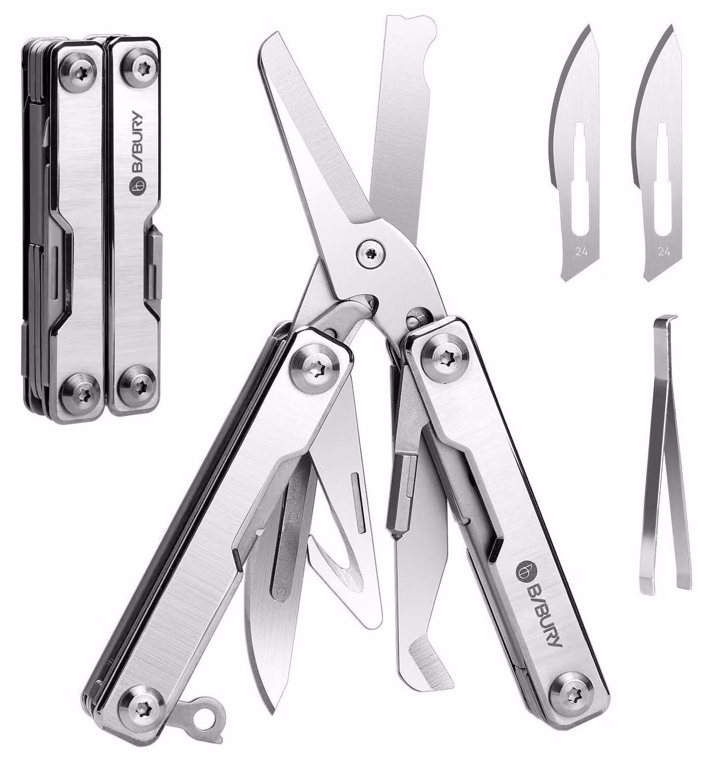 Multitool 8-in-1: forbici in acciaio inossidabile con anello portachiavi, rompi vetro, taglia cinture, pinzette, attrezzo per campeggio e attività all'aperto