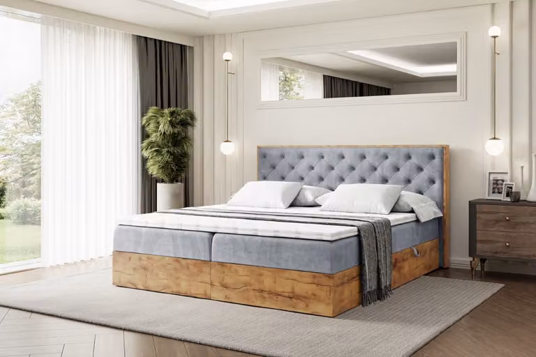 Letto boxspring ALTDECOR in rovere LOLLI3 con materasso H3, testiera e contenitore - 200x200 - Velluto grigio