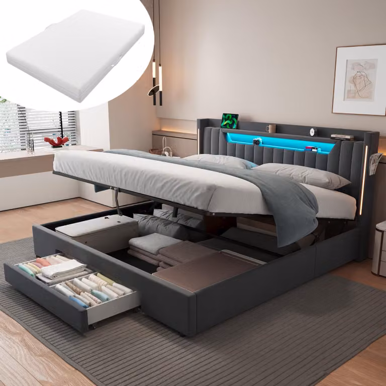 Letto matrimoniale MODFU 180 × 200 con materasso, imbottito in velluto, con cassetto contenitore, letto per giovani con ampio spazio di stoccaggio, illuminazione LED e ripiano imbottito, letto moderno con spazio contenitore, colore grigio