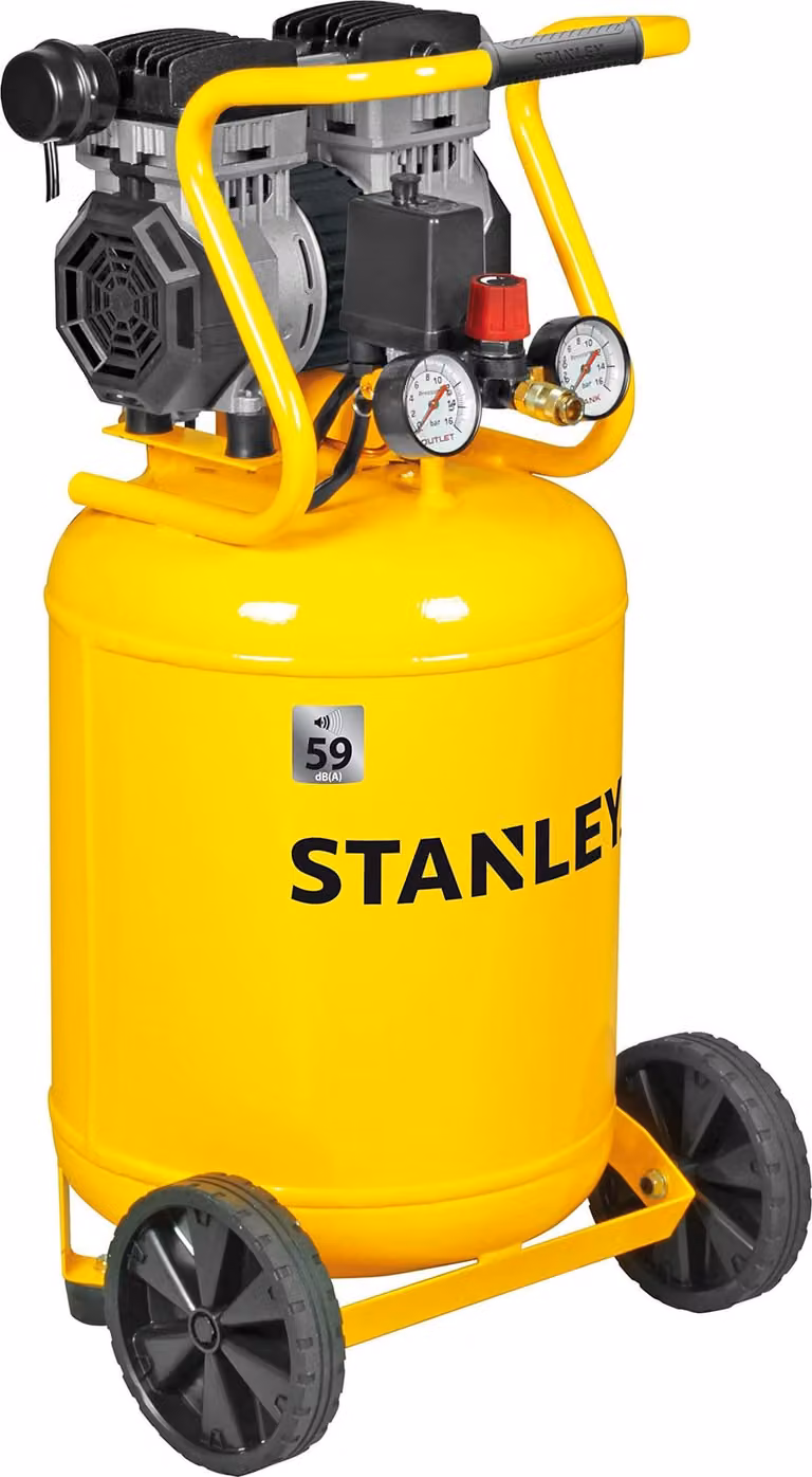 Compressore Stanley 230V SXCMS1350VE Compressore d'aria 8Bar - 50L - 59dB - Pompa d'aria a basso rumore - Senza olio - 150L/Min - con maniglia e ruote - Giallo