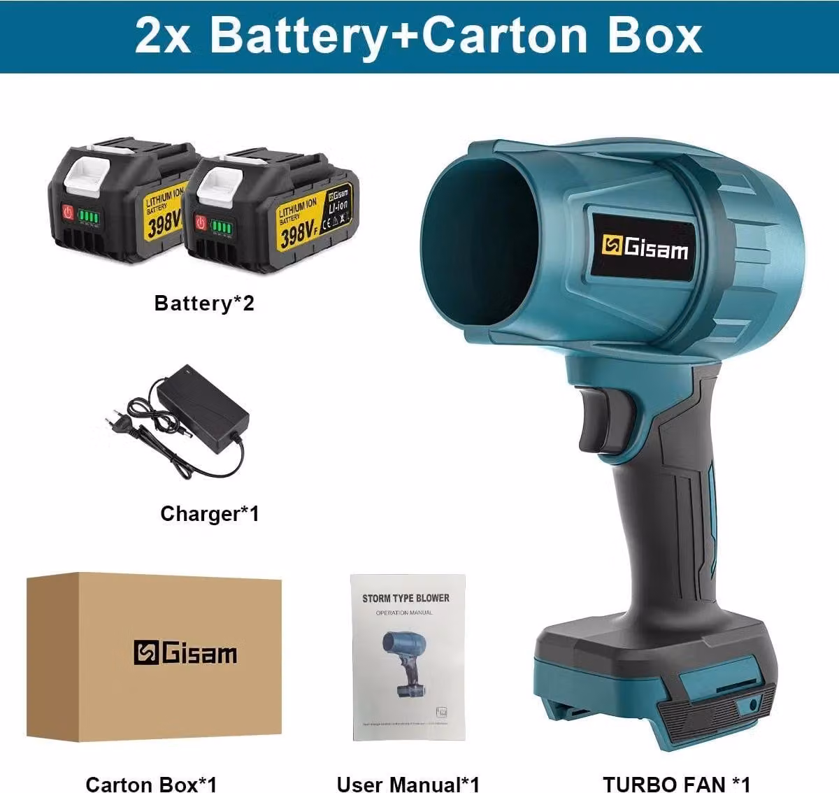 Soffiatore a batteria / Soffiatore per foglie - Modello portatile Turbo - Senza fili - 1500 W - 18 V - Motore brushless - Con 2 batterie - Arancione