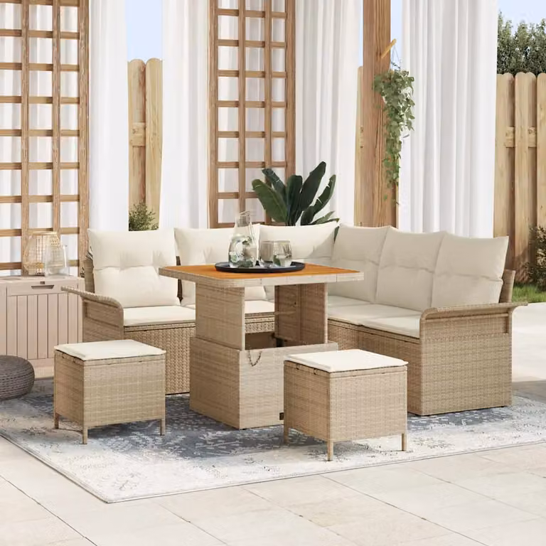 vidaXL Set Divano da Giardino a L con 8 Posti, Colore Beige e Bianco, con Cuscini e Tavolino da Caffè