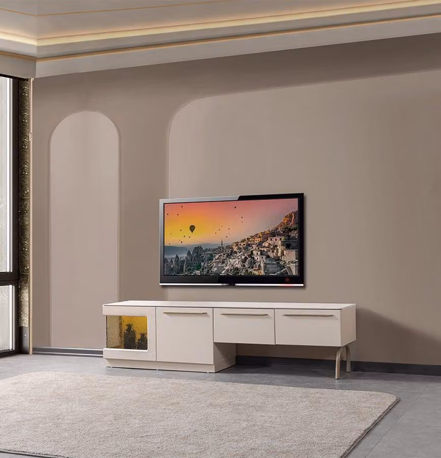 Mobile TV moderno, colore bianco, pratico e confortevole, ideale per il soggiorno, design nuovo