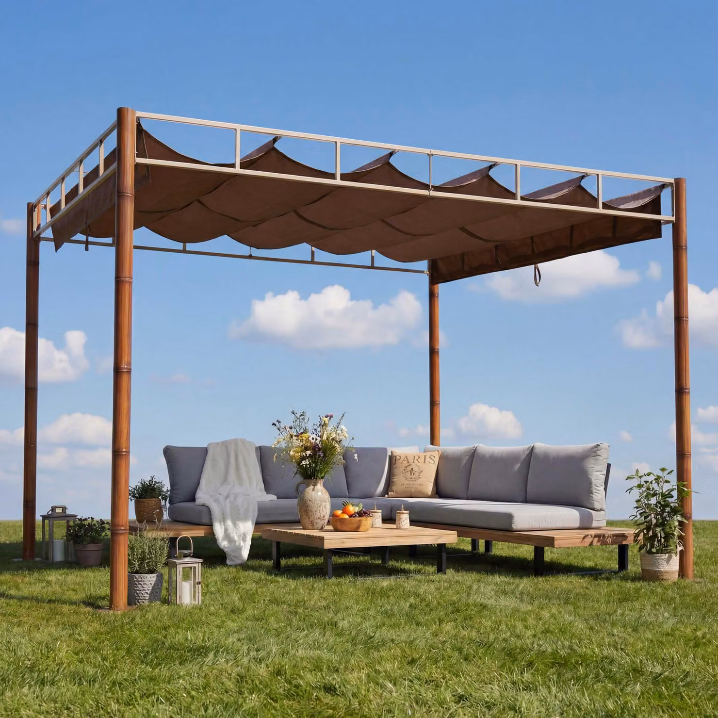 Pergola MCW-L42, gazebo da giardino, copertura per terrazza, robusta struttura in metallo da 7 cm, 3x3 m, effetto bambù ~ marrone taupe