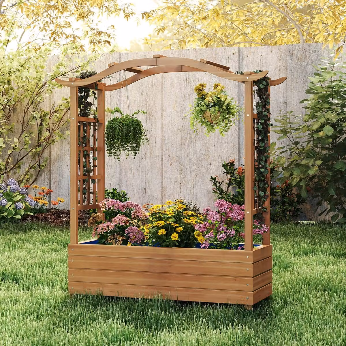 Letto da giardino rialzato Costway in legno marrone con tetto sospeso e 2 tralicci laterali per giardino, terrazzo o balcone