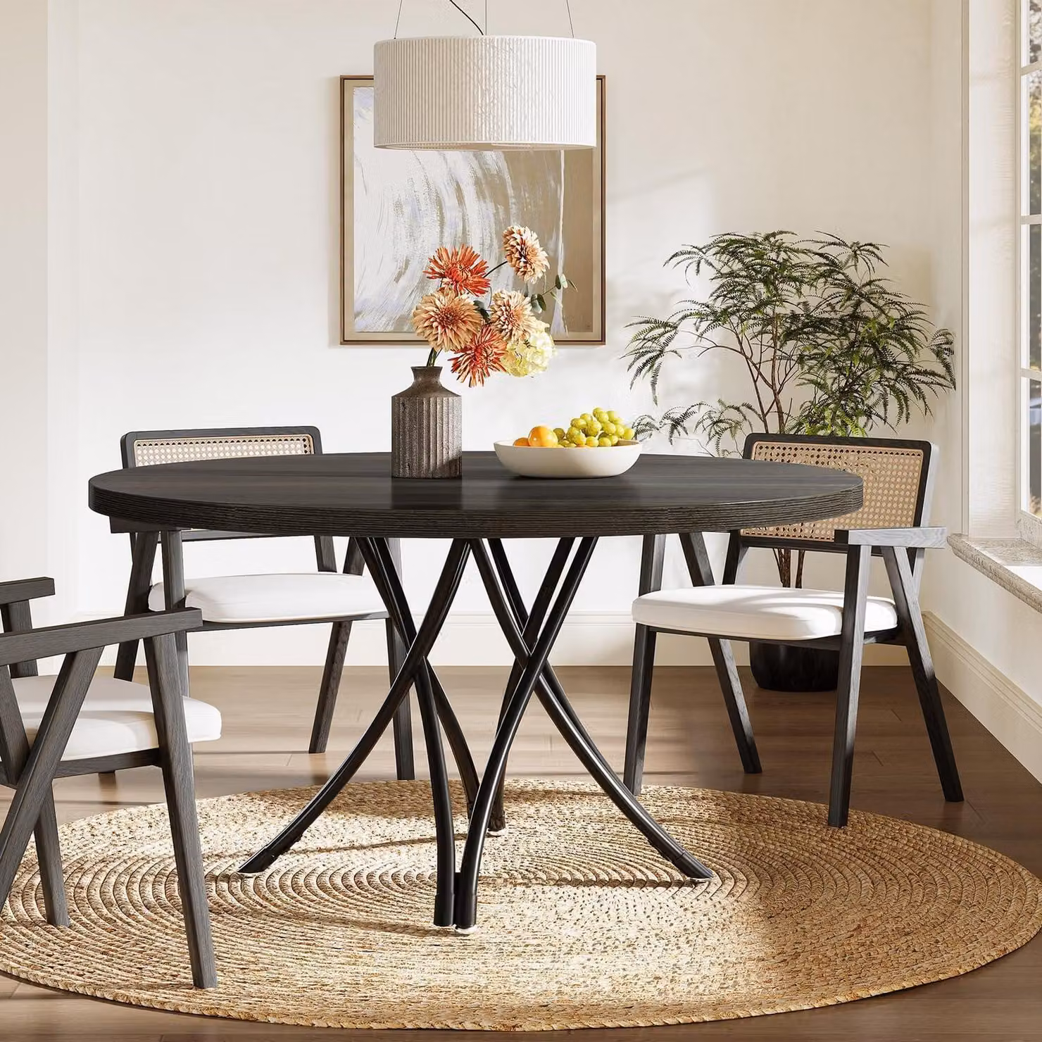 Tavolo da pranzo rotondo per 4-6 persone, diametro 120 cm, colore nero, gambe a croce, dimensioni 120x120x75 cm