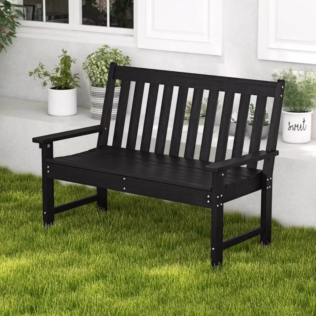 Panchina da giardino per 2 persone con schienale e braccioli in plastica resistente alle intemperie, colore nero opaco – 2