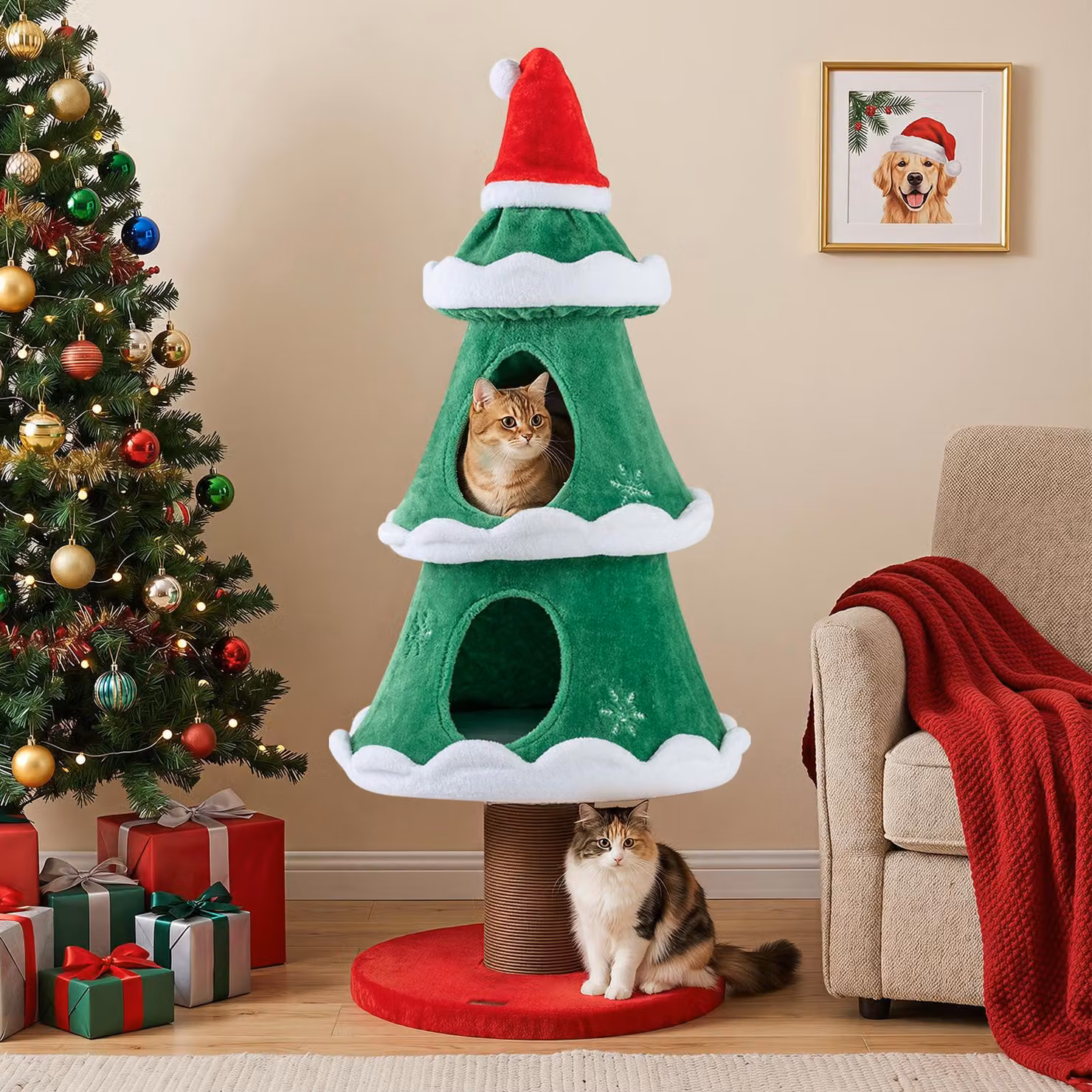 COSTWAY, albero per gatti da 130 cm con design a albero di Natale, struttura per gatti in peluche con 2 rifugi per gatti, palo per graffiare e cappello natalizio, torre per gatti multistrato
