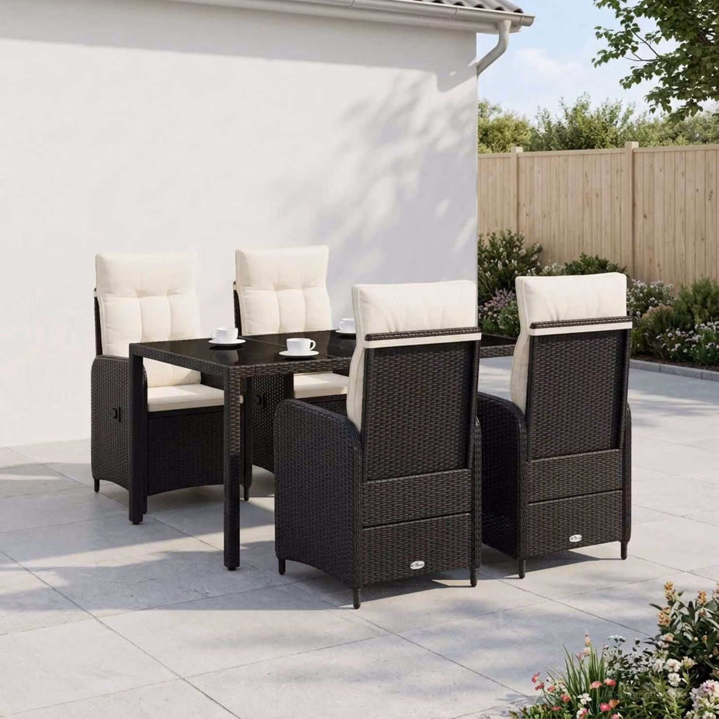 Set da pranzo per esterni vidaXL in polyrattan con tavolo in vetro, 5 pezzi, Nero e Bianco Crema