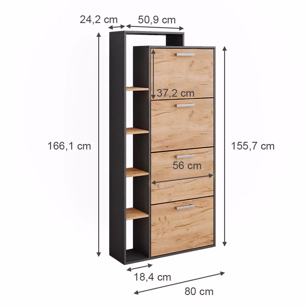 Scarpiera Vicco Orlando con 4 scomparti a ribalta, Rovere e Antracite, L: 80 cm, H: 166.1 cm – 2