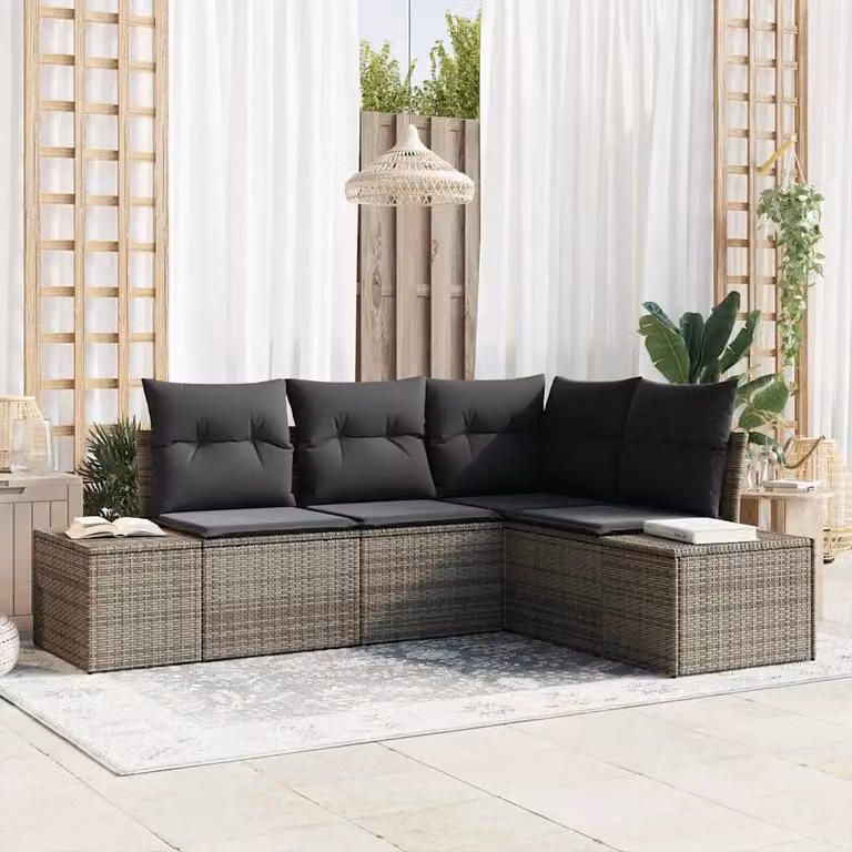 Set Divano da Giardino a L vidaXL in Polyrattan Grigio con Cuscini e Struttura in Acciaio e Legno di Acacia