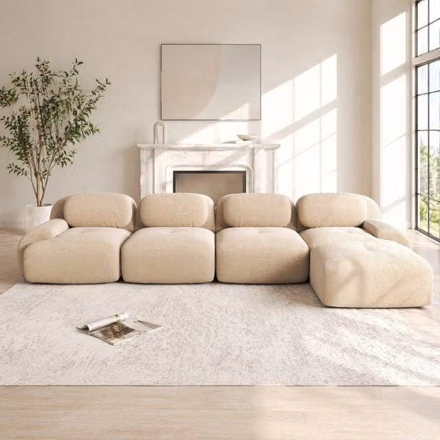Divano angolare modulare 388 x 178 x 70 cm in velluto a coste beige con schienale regolabile HOMVRA