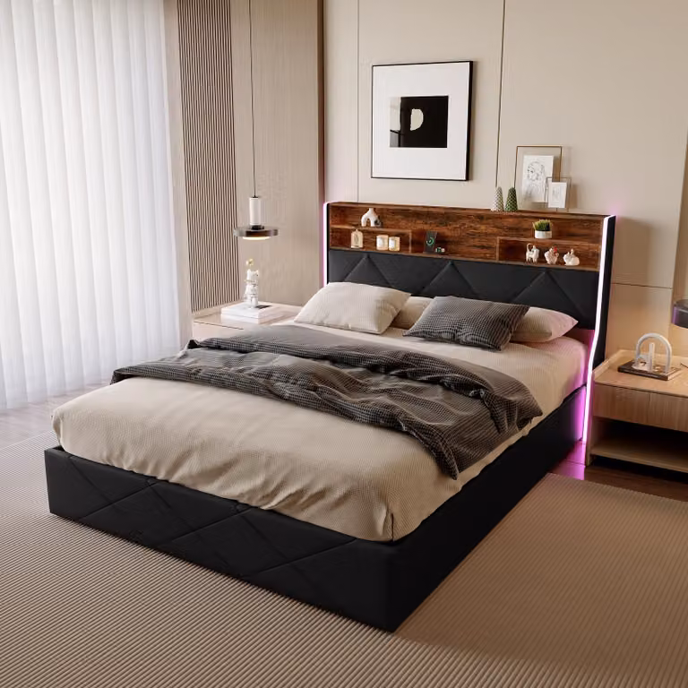 Letto ProximaX con illuminazione a LED, letto imbottito idraulico 160x200cm, letto contenitore Struttura letto funzionale con vano contenitore e rete a doghe, testata con USB Type-C e vano contenitore, PU, nero