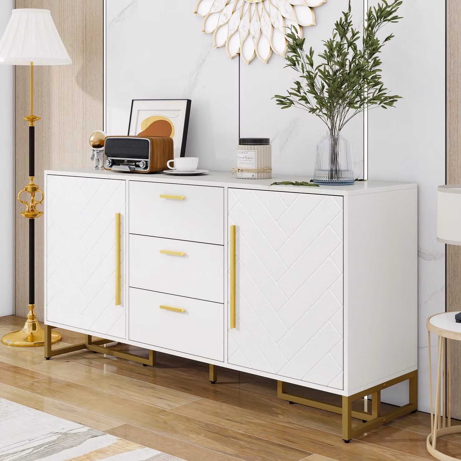 Fortuna Lai Elegante credenza bianca con motivo a spina di pesce, con 2 ante e 3 cassetti per sala da pranzo, cucina e soggiorno (bianco)