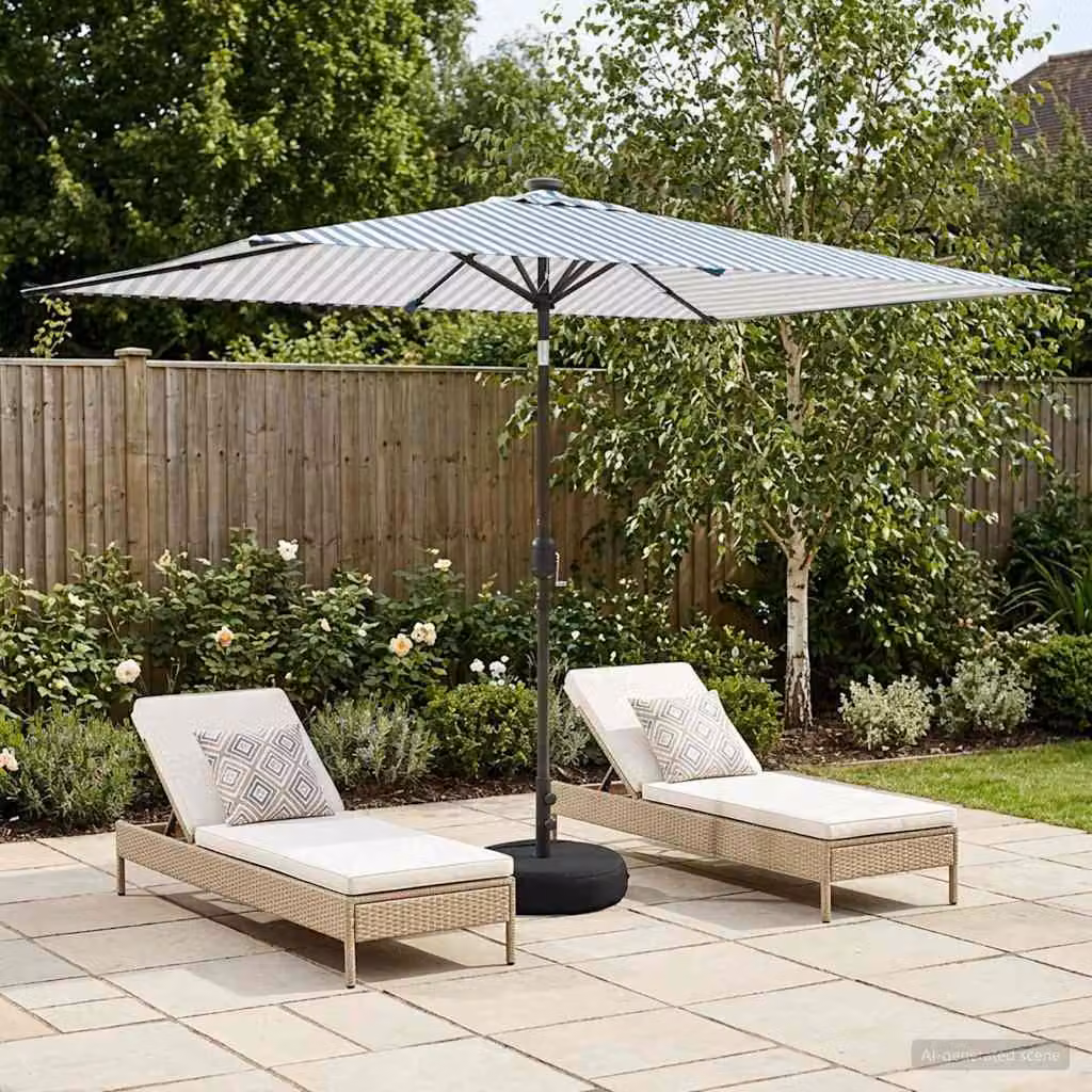 Parasol da giardino cantilever vidaXL con luci LED e base, Poliestere, Blu e Bianco, L: 300 cm, P: 200 cm