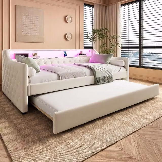 Letto contenitore con LED e USB ¨C Minimal ¨C Beige tessuto 90x200cm con rete a doghe