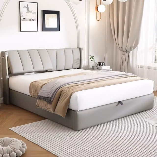 Letto Contenitore Imbottito LED con Testiera Regolabile ¨C MINIMAL ¨C PU Grigio 140x200