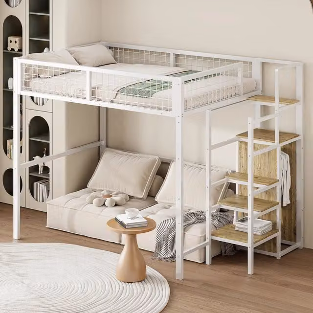 Hochbett 140x200 cm in metallo con scala e armadio; bianco
