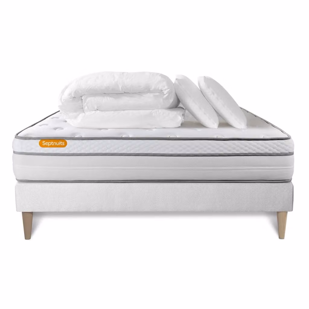 Set letto completo Septnuits Memo Luxe bianco con materasso a molle pocket, box spring con doghe, 2 cuscini e piumino, L/P: 200 x 200 cm – 2