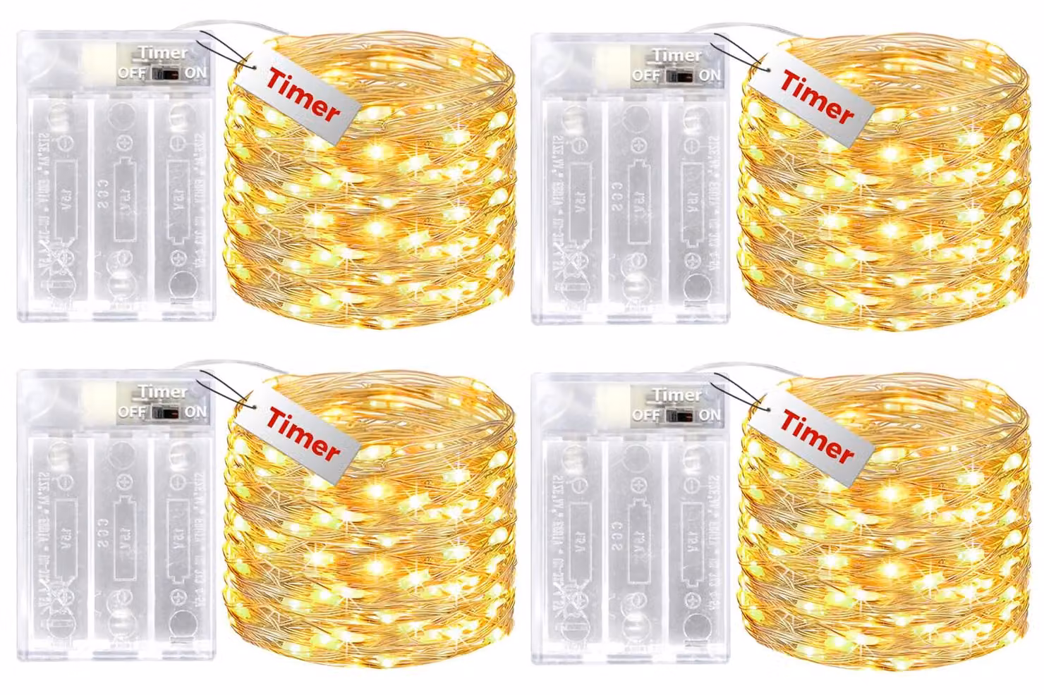 Catena luminosa da 10 metri, 100 LED, luce bianco caldo, grado di protezione IP65, con timer, confezione da 4
