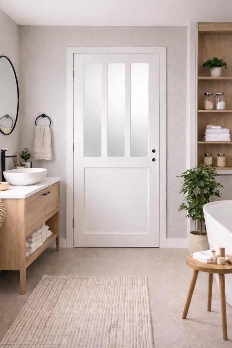 Bloc porte atelier bianco con vetro depoli H204 x L83 cm, lato tavolo P. destro, GD MENUISERIES