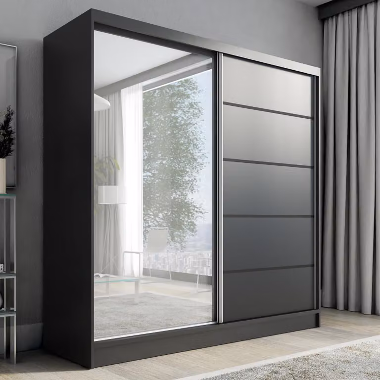 Armadio a porte scorrevoli, a 2 ante con specchio KARO 2 200 cm (nero)