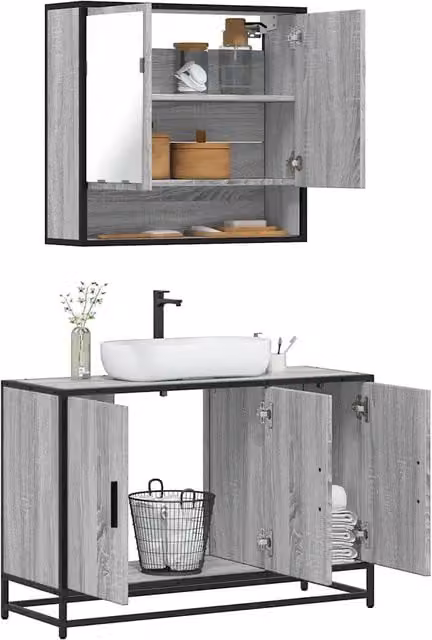 Set Mobili da Bagno Industrial vidaXL in Legno e Metallo Grigio con Armadietto Specchio e Mobile Lavabo L/P/H: 90 x 33 x 60 cm – 1