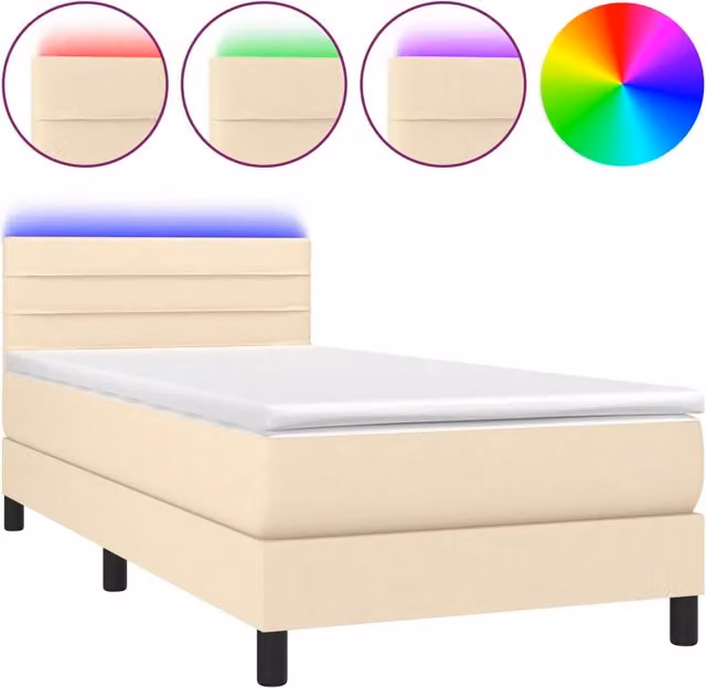 Letto singolo | Letto per adulti | Letto a Molle con Materasso e LED Crema 100x200cm in Tessuto