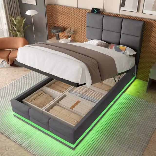 Letto imbottito contenitore ¨C Minimal ¨C grigio velluto 90x200cm con testiera regolabile, LED, idraulico, porte USB, senza materasso