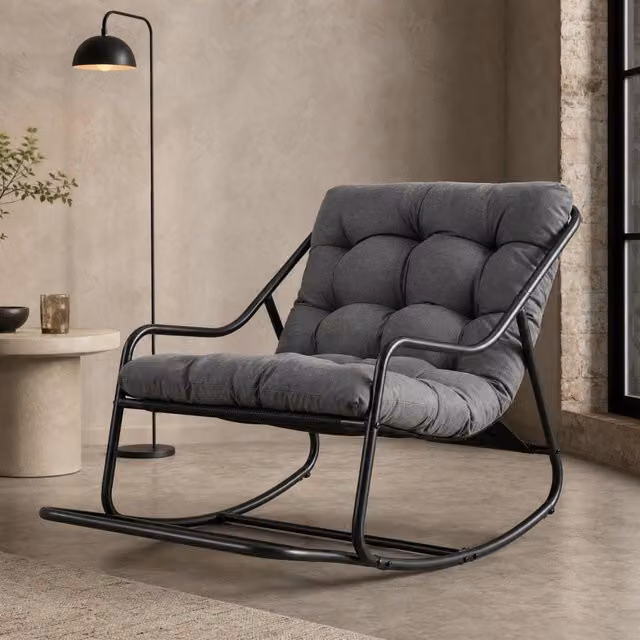 Poltrona a dondolo da esterno MODFU con cuscino spesso, struttura in metallo nero e grigio, L 75 cm x P 116 cm x H 82 cm
