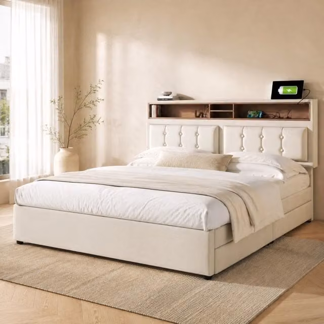 Letto matrimoniale imbottito 140 × 200 cm con quattro cassetti presa USB e Type-C rete a doghe in legno beige