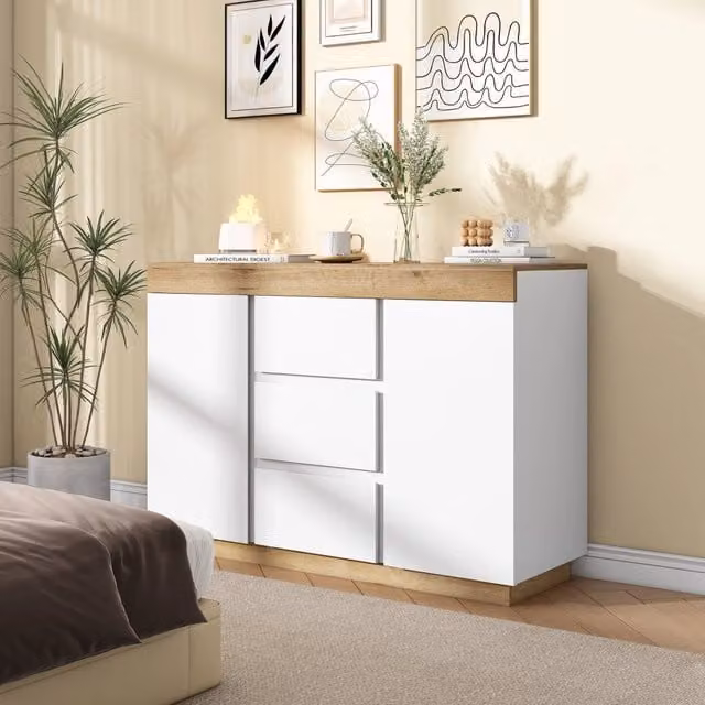 Cassettiera e credenza con 3 cassetti e 2 ante, per camera da letto e soggiorno, in truciolare E1. bianco e rovere