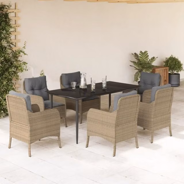 Set da Pranzo da Giardino VIDAXL in Polyrattan con Tavolo in Vetro e 7 Sedute con Cuscini Beige – 1