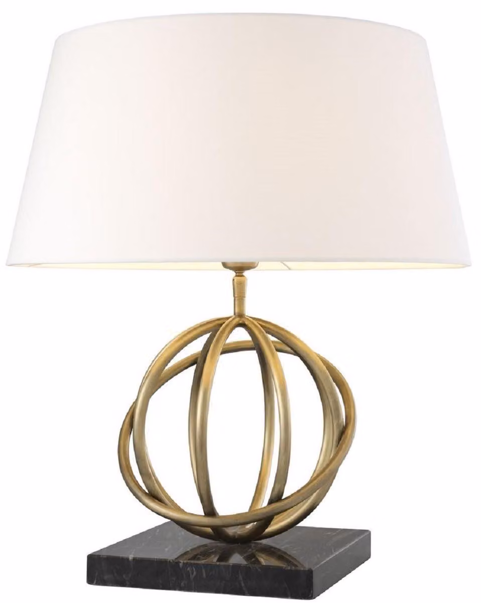 Casa Padrino lampada da tavolo in ottone antico / nero / bianco Ø 50 x H. 57 cm - Lampada da tavolo in ottone con base in marmo e paralume rotondo