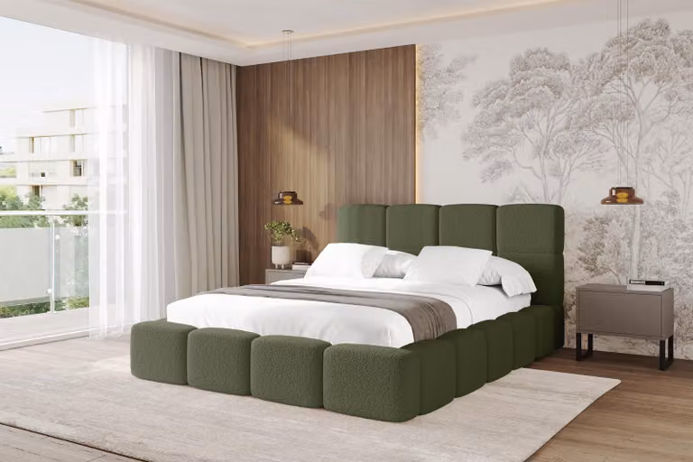 Letto imbottito ALTDECOR con contenitore - NATA 180x200 verde, letto con testiera, letto contenitore con materasso H3/H4, letto matrimoniale con contenitore