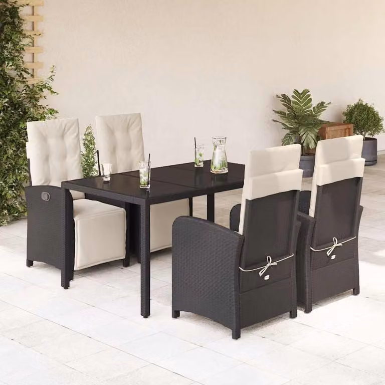 Set da Pranzo da Giardino vidaXL 5 pz in Polyrattan Nero con Cuscini e Tavolo in Vetro