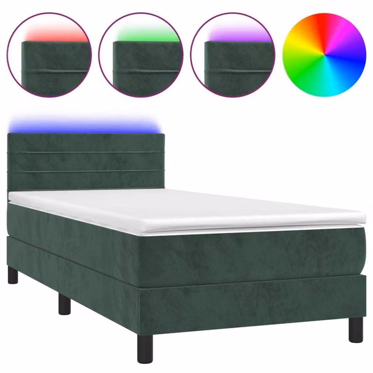 Letto a Molle con Materasso e LED Verde Scuro 100x200cm Velluto